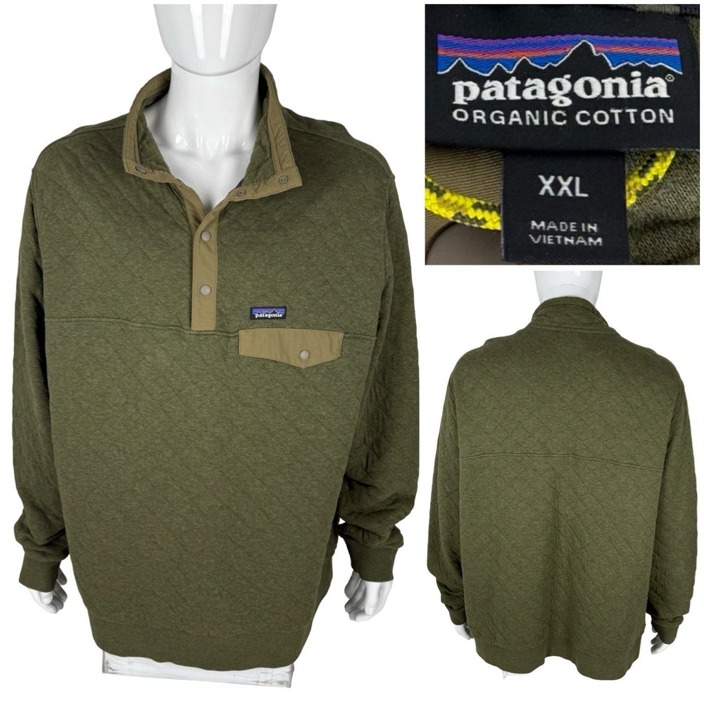 Patagonia Jacket Mens 2XL Green Quilted Snap T Pullover Organic Cotton Blend